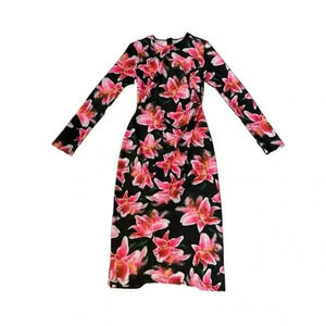 Jonathan Cohen Midi Black Floral Bodycon Midi Long Sleeve Crewneck Dress Small